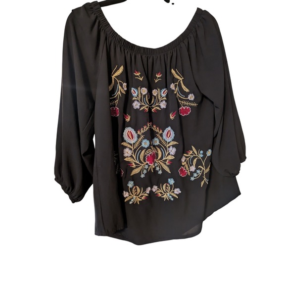 Boho Embroidered Off The Shoulder Blouse Black Floral Balloon Sleeve  Unbranded - Picture 2 of 5